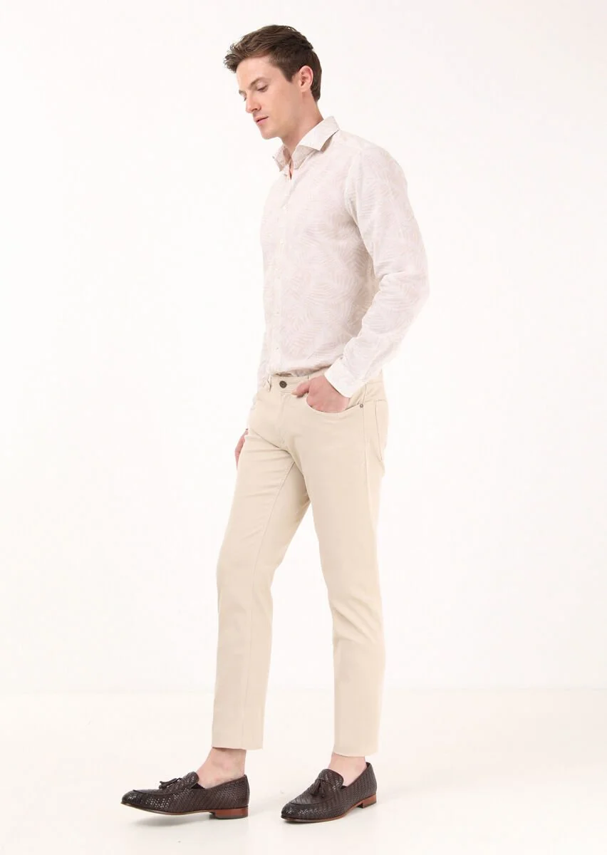 Kum Mikro Dokuma Slim Fit Casual Pamuk Karışımlı Pantolon - 3