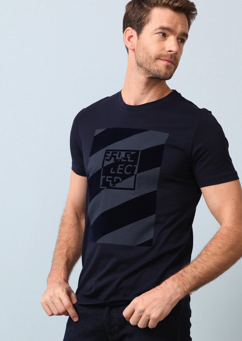 Lacivert Baskılı %100 Pamuk T-Shirt 