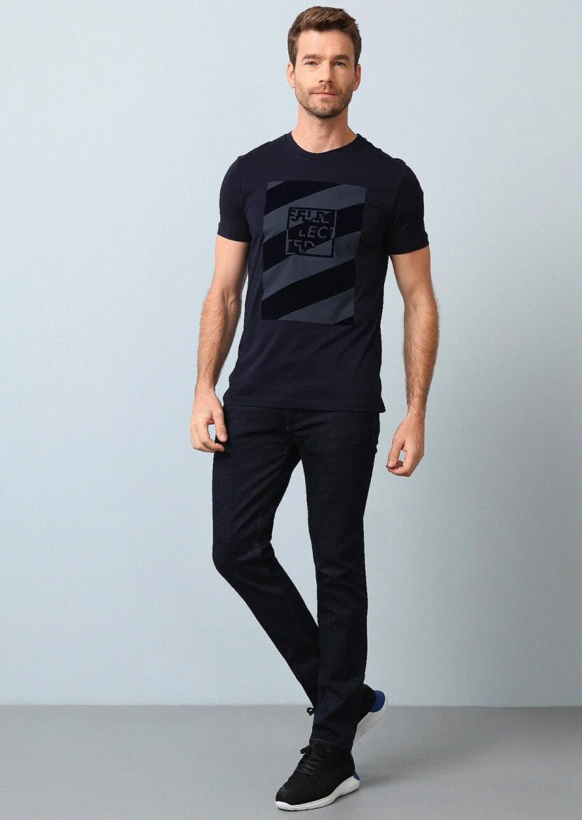 Lacivert Baskılı %100 Pamuk T-Shirt 
