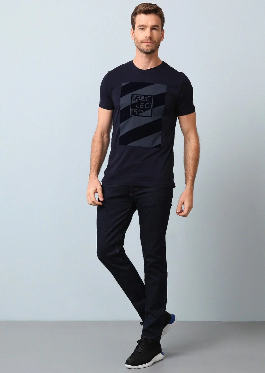 Lacivert Baskılı %100 Pamuk T-Shirt - 2
