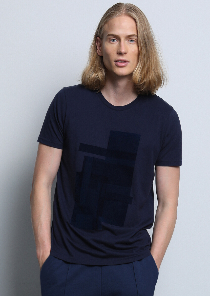 Lacivert Baskılı %100 Pamuk T-Shirt 