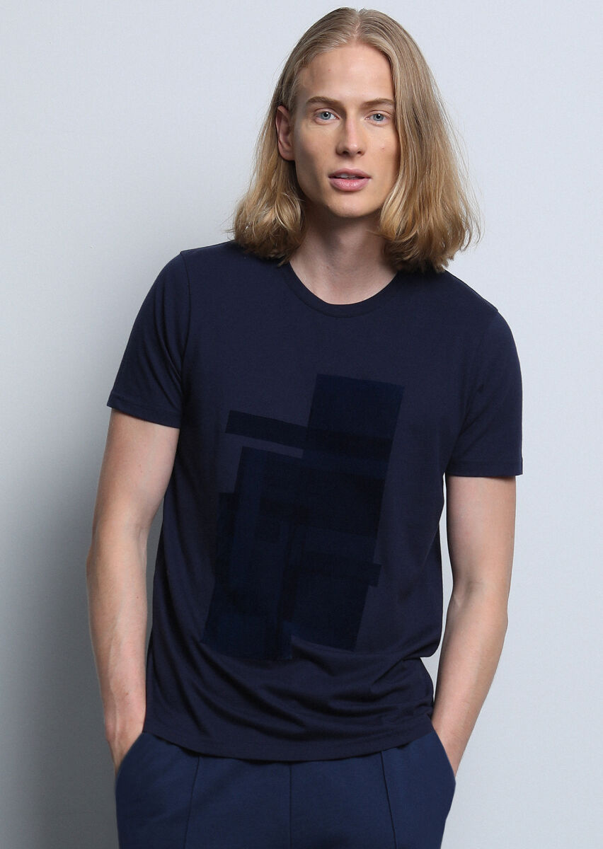 Lacivert Baskılı %100 Pamuk T-Shirt - 2
