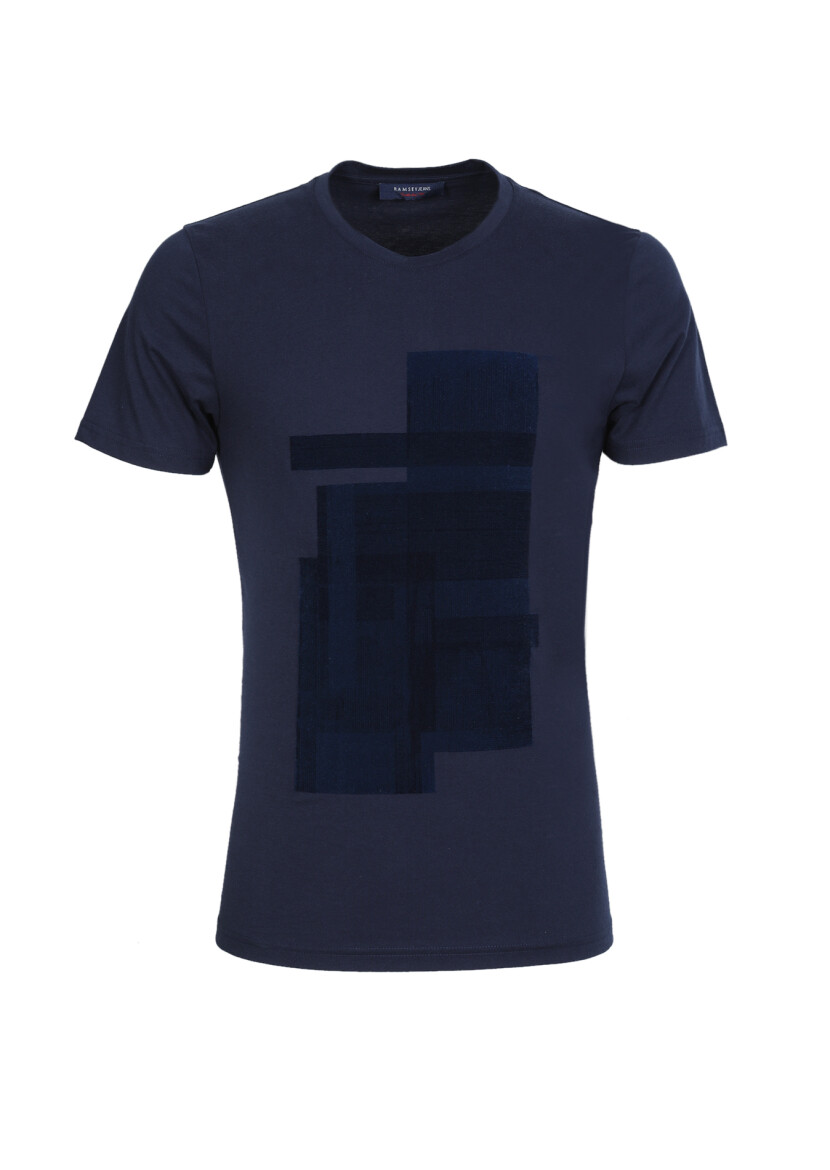 Lacivert Baskılı %100 Pamuk T-Shirt - 6