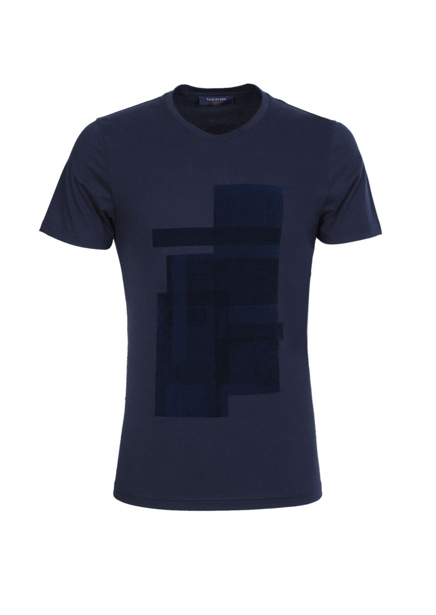 Lacivert Baskılı %100 Pamuk T-Shirt - 6