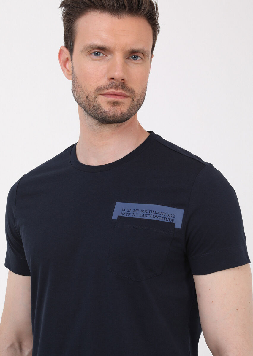 Lacivert Baskılı Bisiklet Yaka %100 Pamuk T-Shirt - 1