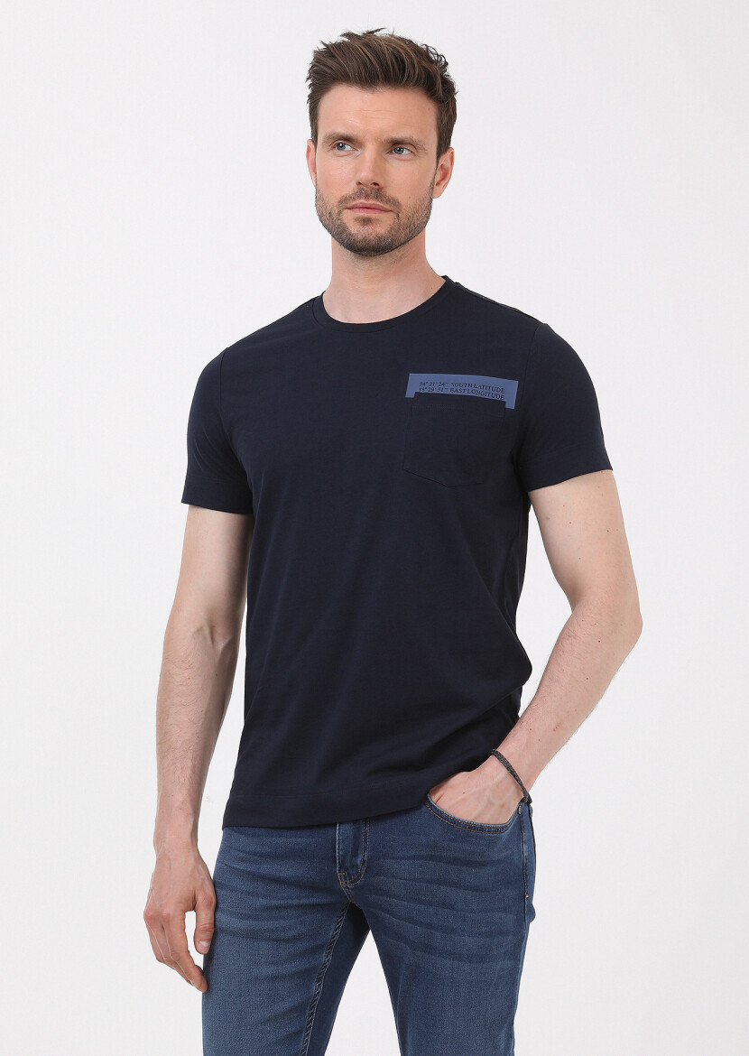 Lacivert Baskılı Bisiklet Yaka %100 Pamuk T-Shirt 