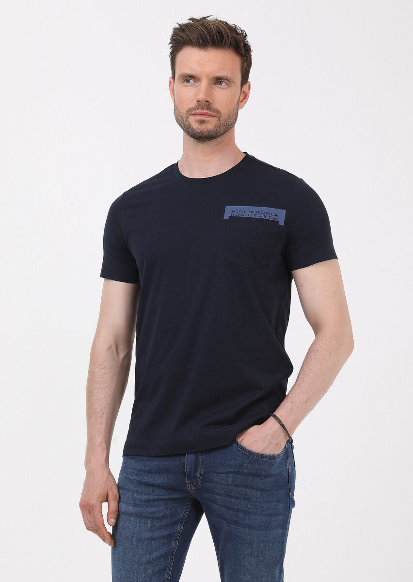 Lacivert Baskılı Bisiklet Yaka %100 Pamuk T-Shirt - 2