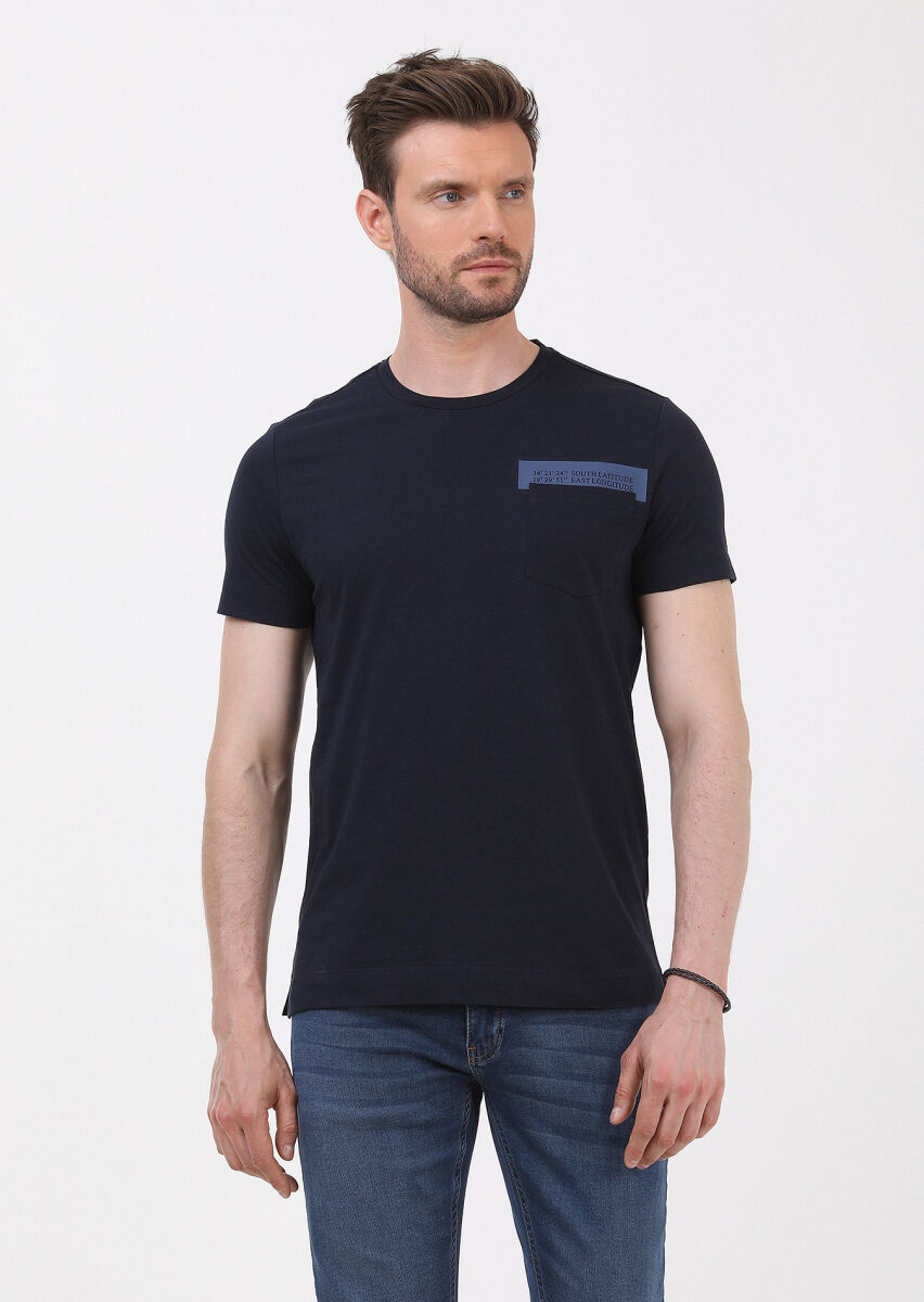 Lacivert Baskılı Bisiklet Yaka %100 Pamuk T-Shirt - 3
