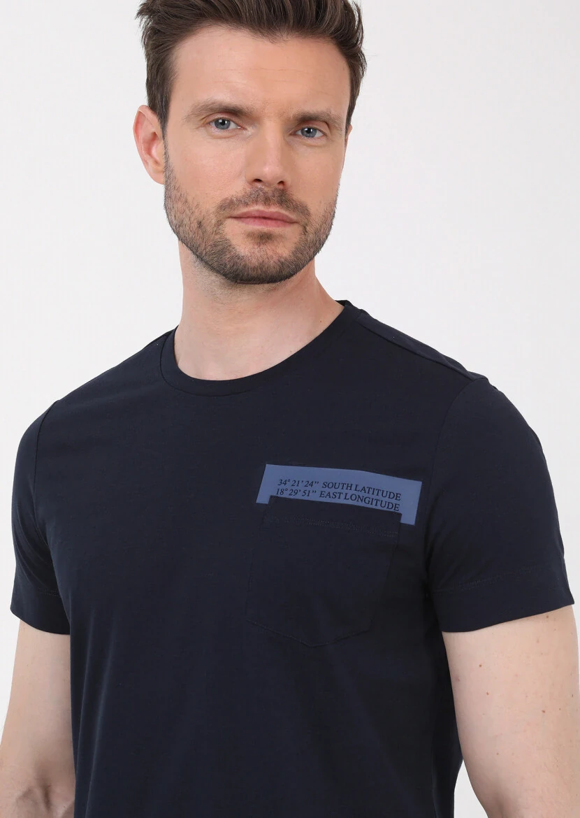 Lacivert Baskılı Bisiklet Yaka %100 Pamuk T-Shirt - 1