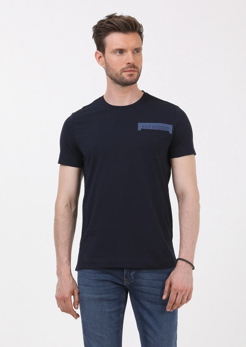 Lacivert Baskılı Bisiklet Yaka %100 Pamuk T-Shirt - 3