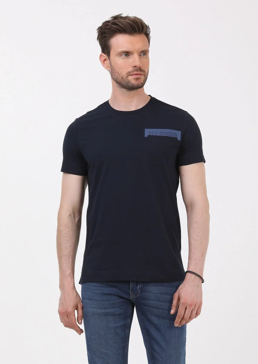 Lacivert Baskılı Bisiklet Yaka %100 Pamuk T-Shirt - 3