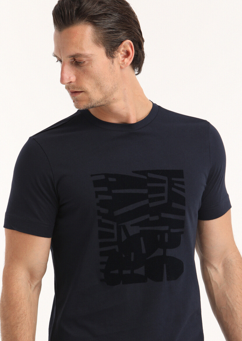 Lacivert Baskılı Bisiklet Yaka %100 Pamuk T-Shirt 