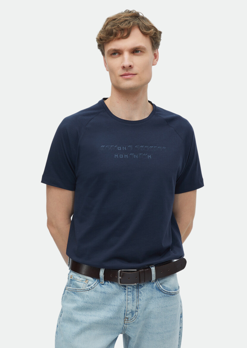 Lacivert Baskılı Bisiklet Yaka %100 Pamuk T-Shirt - 1