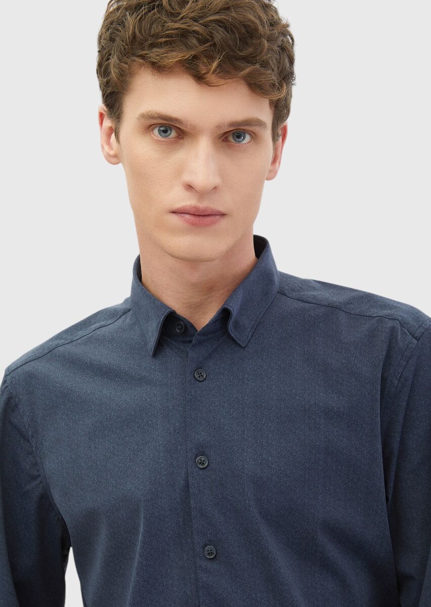 Lacivert Baskılı Casual Fit Uzun Casual Gömlek - 3