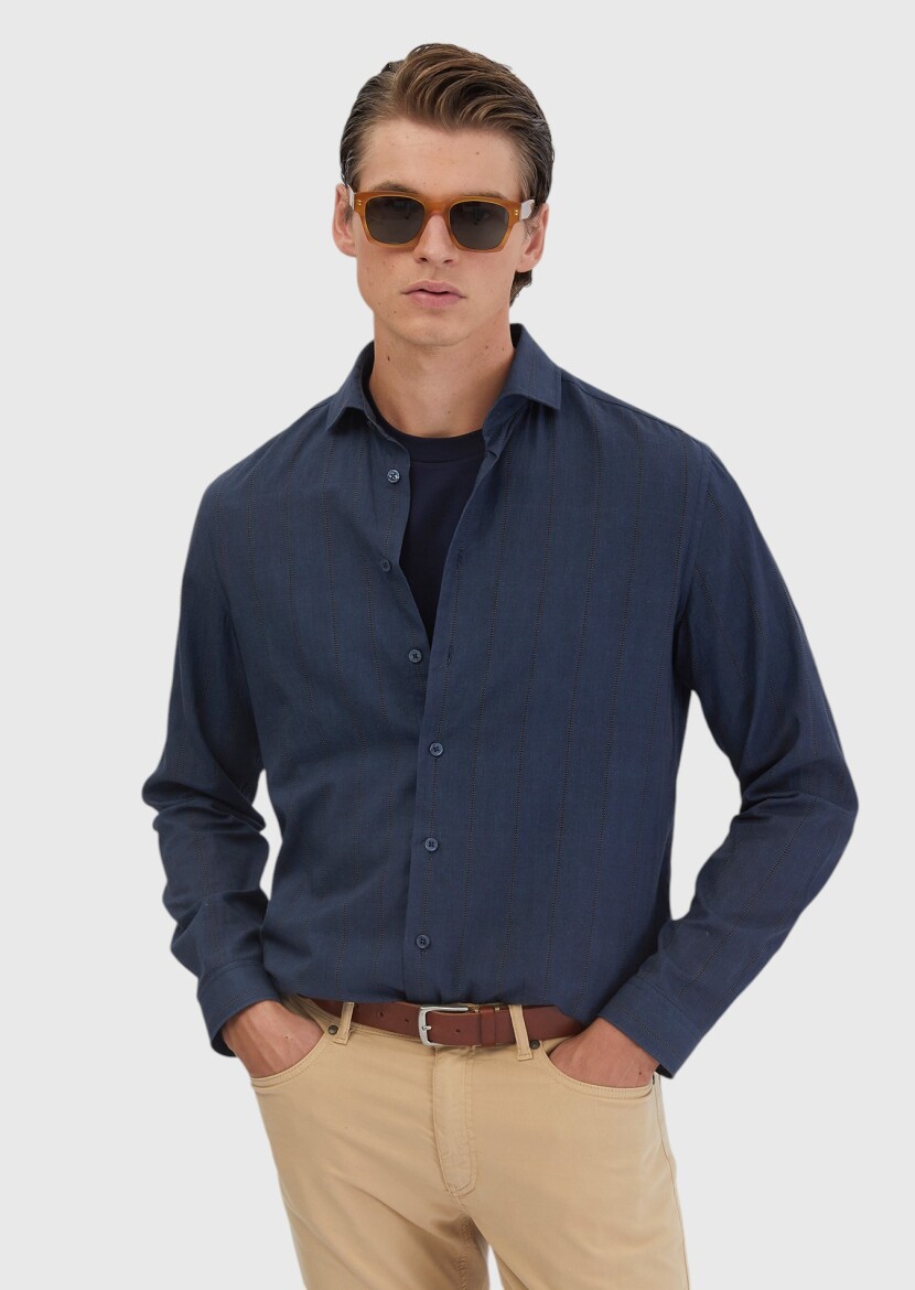 Lacivert Baskılı Casual Fit Uzun Dokuma Casual %100 Pamuk Gömlek - 3