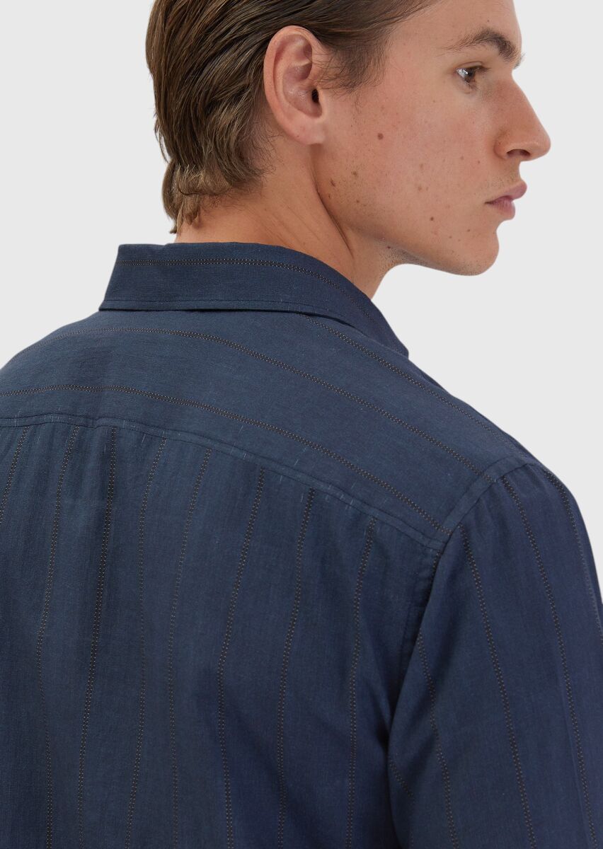 Lacivert Baskılı Casual Fit Uzun Dokuma Casual %100 Pamuk Gömlek - 4