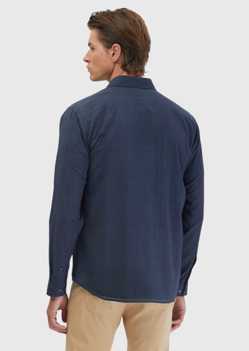 Lacivert Baskılı Casual Fit Uzun Dokuma Casual %100 Pamuk Gömlek - 5