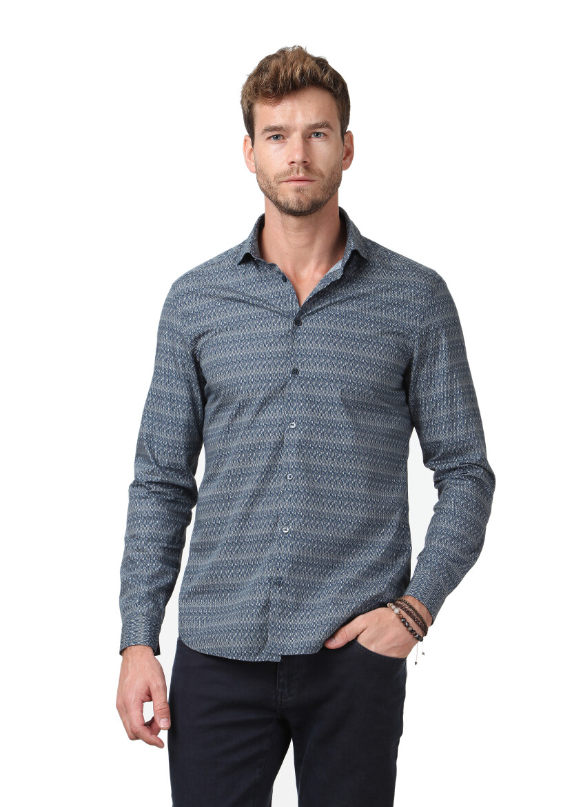 Lacivert Baskılı Fitted Fit Uzun Dokuma Casual %100 Pamuk Gömlek - 1