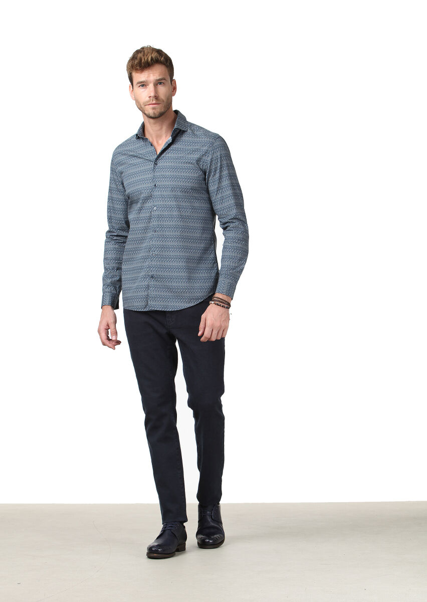 Lacivert Baskılı Fitted Fit Uzun Dokuma Casual %100 Pamuk Gömlek - 2