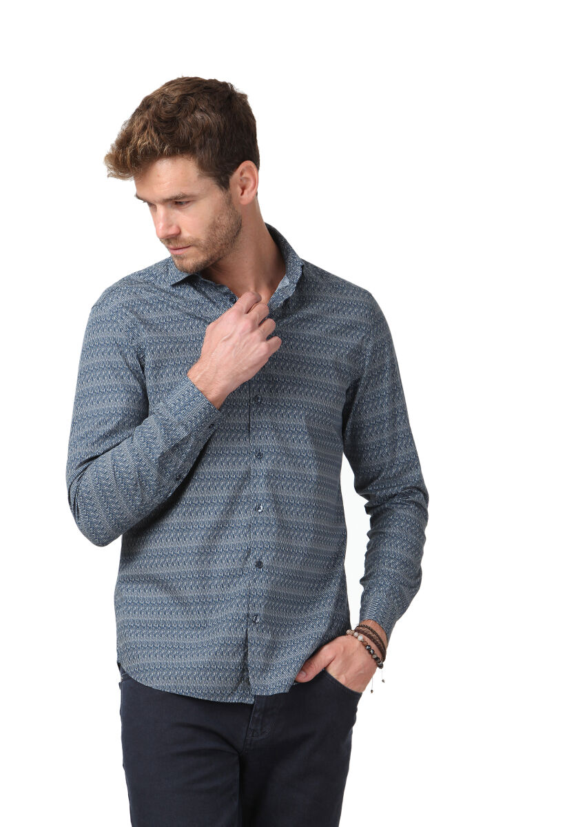 Lacivert Baskılı Fitted Fit Uzun Dokuma Casual %100 Pamuk Gömlek - 3