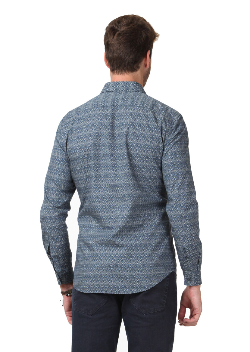Lacivert Baskılı Fitted Fit Uzun Dokuma Casual %100 Pamuk Gömlek - 4