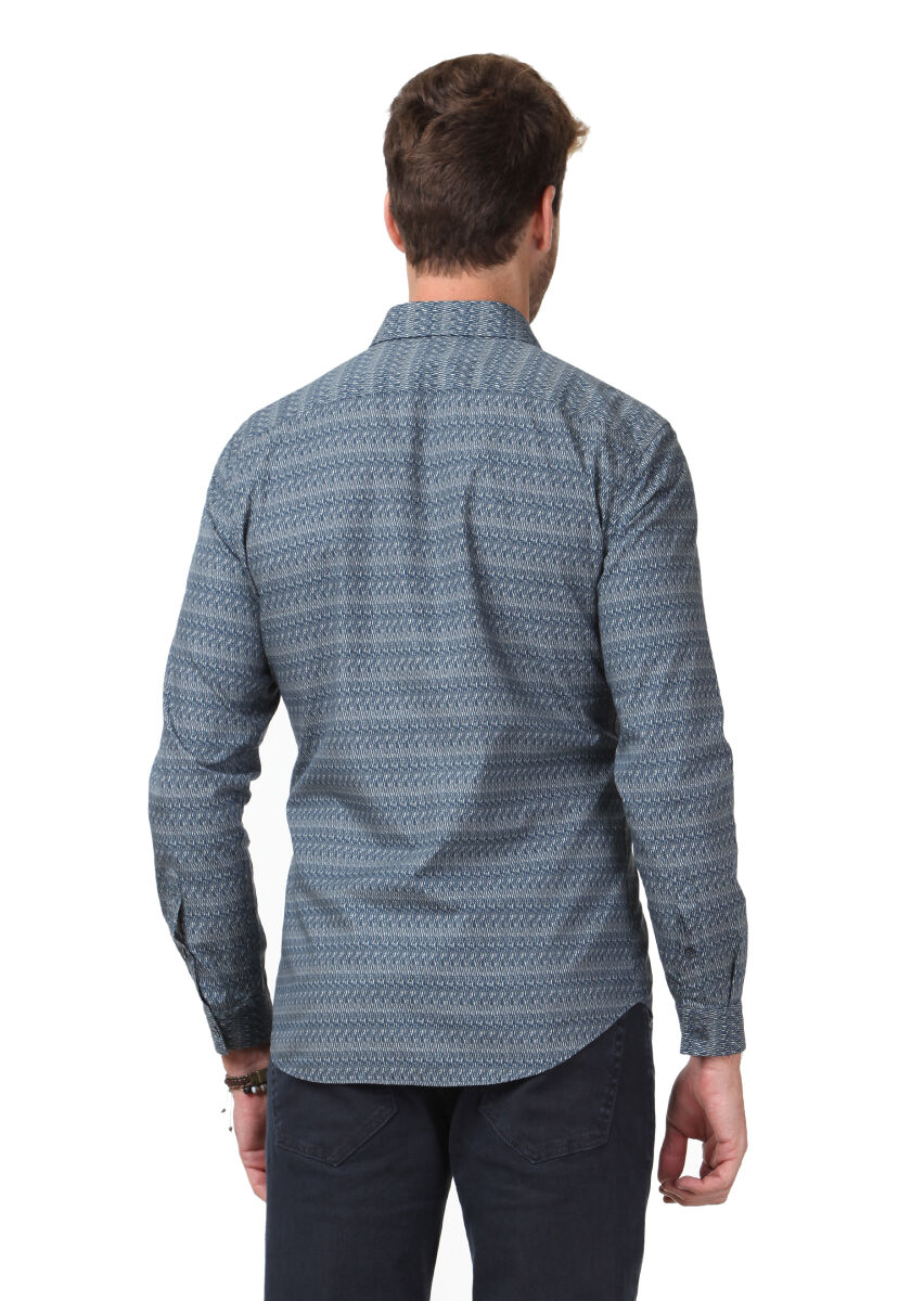 Lacivert Baskılı Fitted Fit Uzun Dokuma Casual %100 Pamuk Gömlek - 4