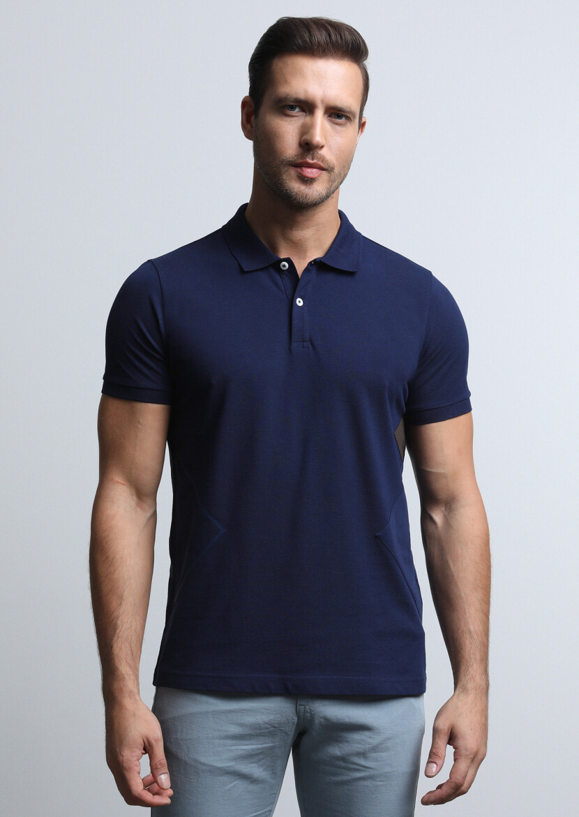 Lacivert Baskılı Polo Yaka %100 Pamuk T-Shirt - 1