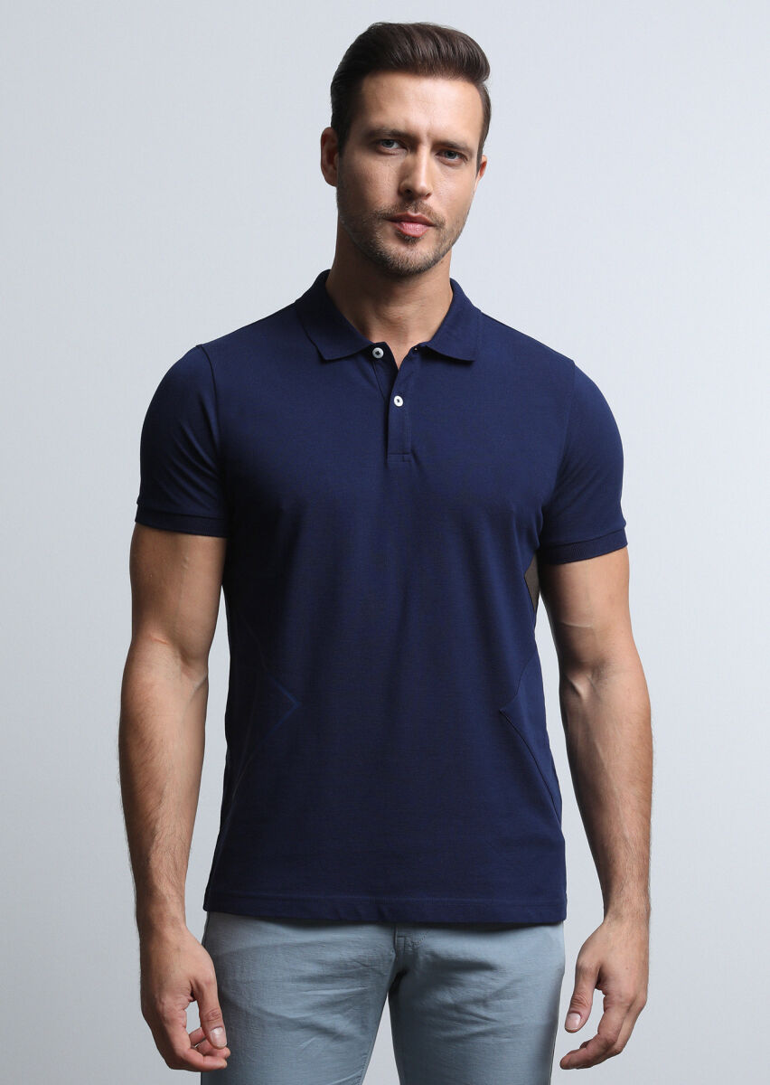 Lacivert Baskılı Polo Yaka %100 Pamuk T-Shirt - 1