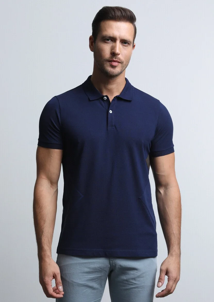 Lacivert Baskılı Polo Yaka %100 Pamuk T-Shirt - 1