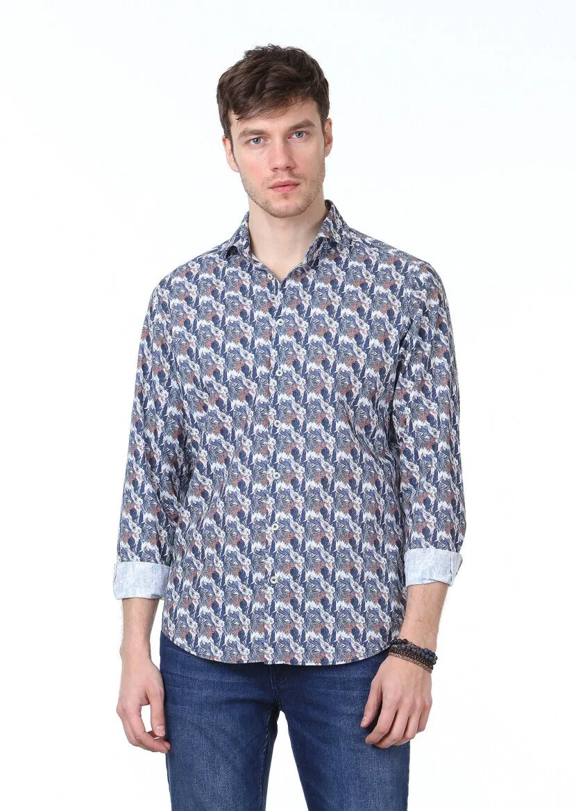 Lacivert Baskılı Regular Fit Dokuma Casual %100 Pamuk Gömlek - 1
