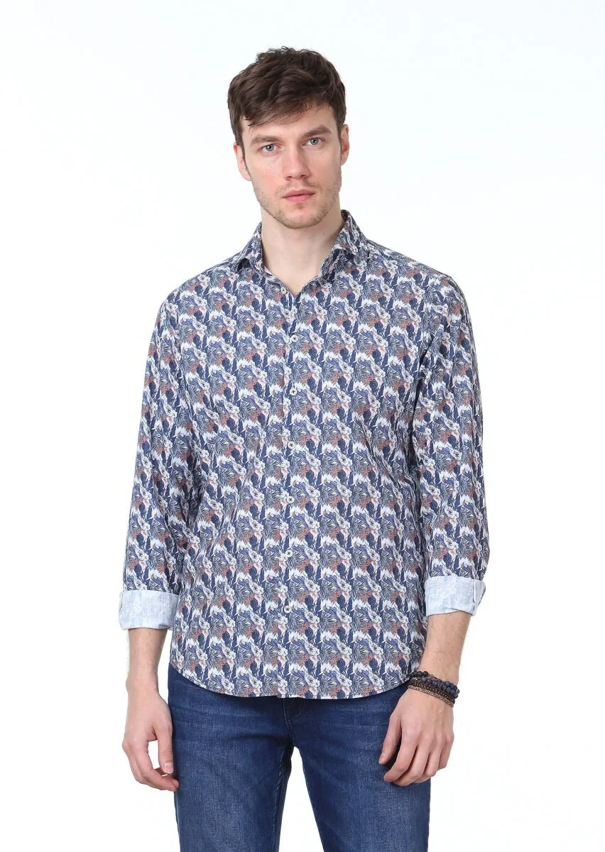 Lacivert Baskılı Regular Fit Dokuma Casual %100 Pamuk Gömlek - 1