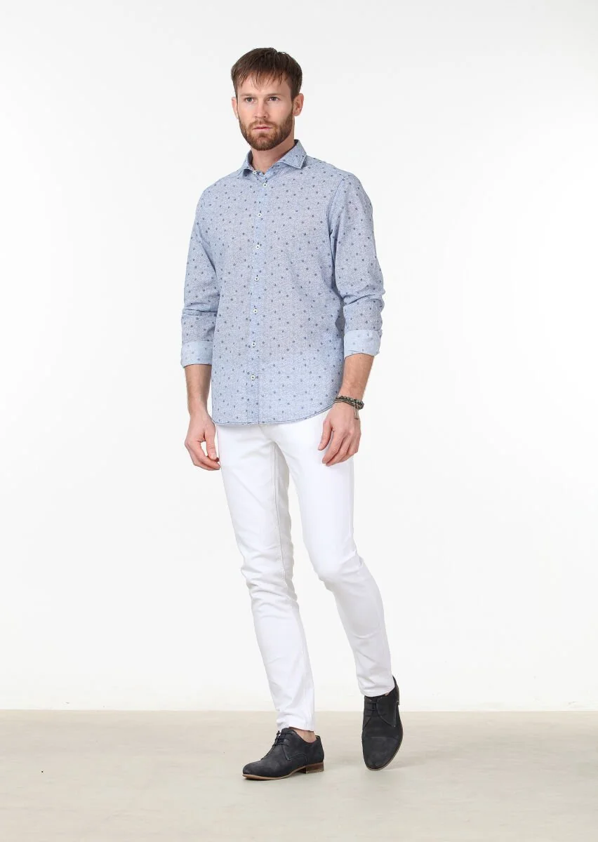 Lacivert Baskılı Regular Fit Dokuma Casual %100 Pamuk Gömlek - 2