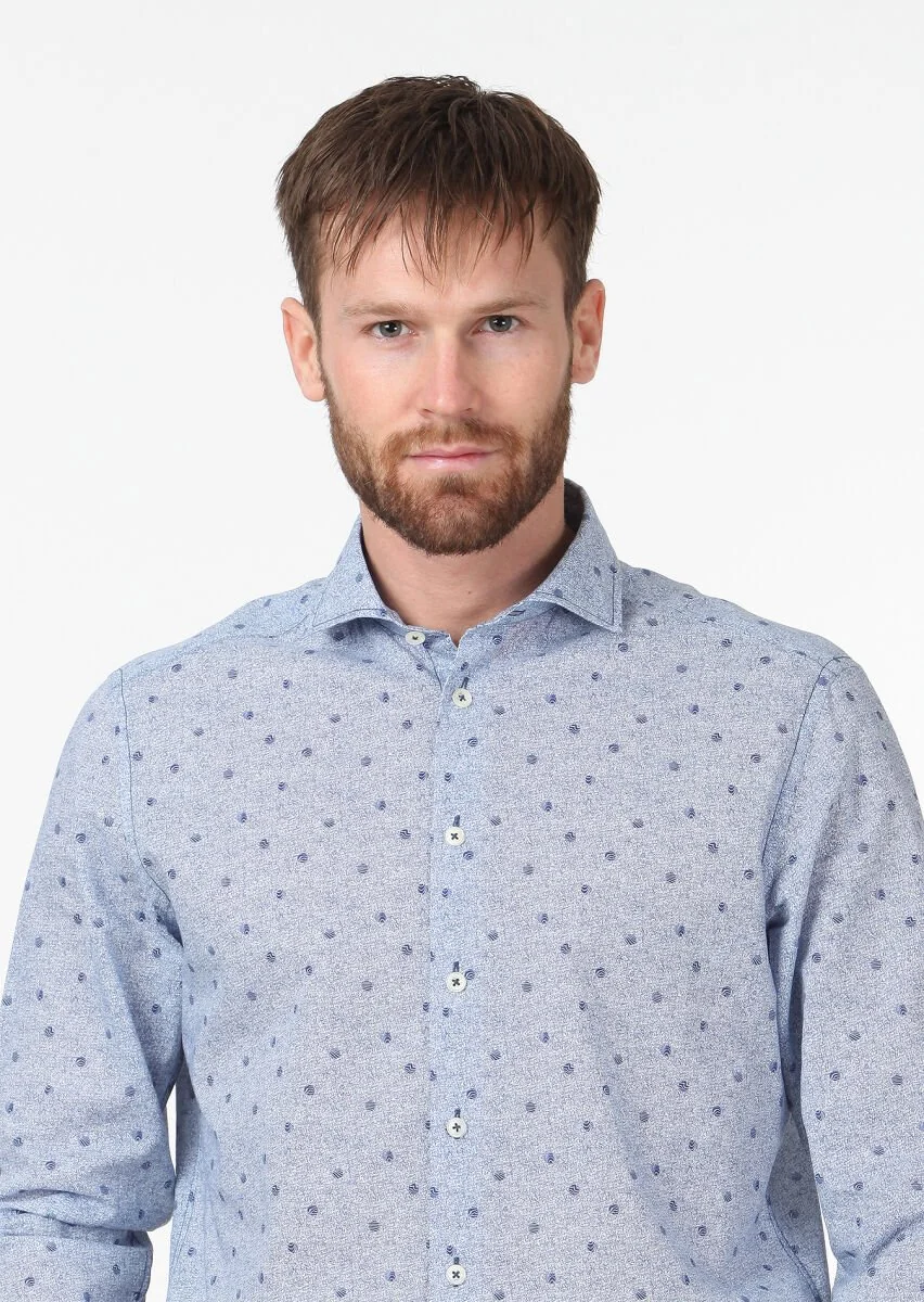 Lacivert Baskılı Regular Fit Dokuma Casual %100 Pamuk Gömlek - 3