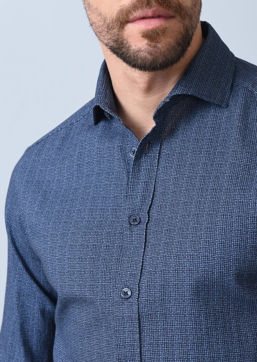 Lacivert Baskılı Regular Fit Dokuma Casual %100 Pamuk Gömlek - 2