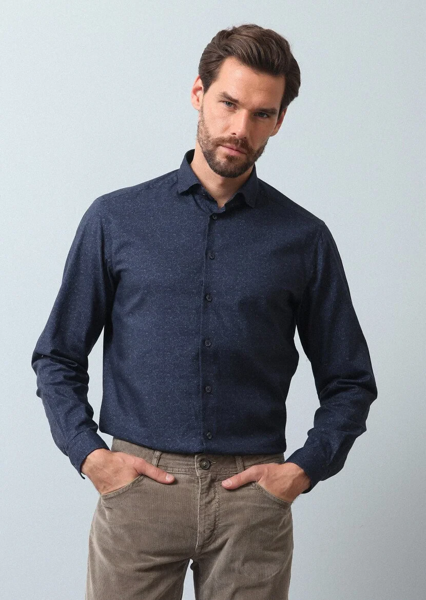 Lacivert Baskılı Regular Fit Dokuma Casual %100 Pamuk Gömlek - 1