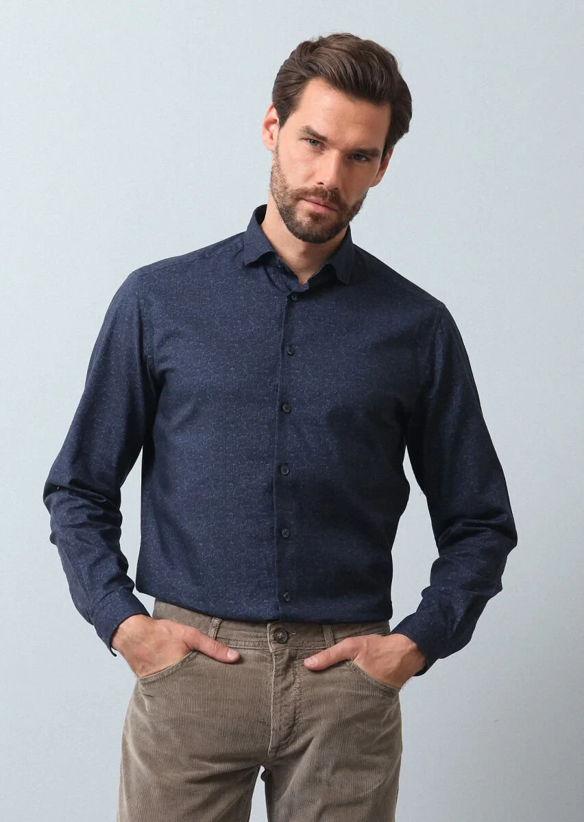 Lacivert Baskılı Regular Fit Dokuma Casual %100 Pamuk Gömlek - 1