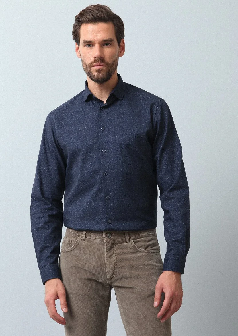 Lacivert Baskılı Regular Fit Dokuma Casual %100 Pamuk Gömlek - 4