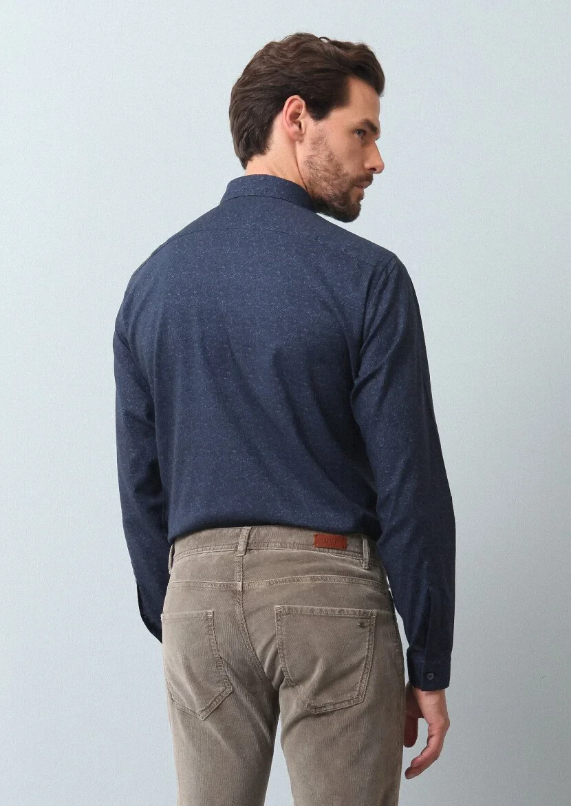 Lacivert Baskılı Regular Fit Dokuma Casual %100 Pamuk Gömlek - 5