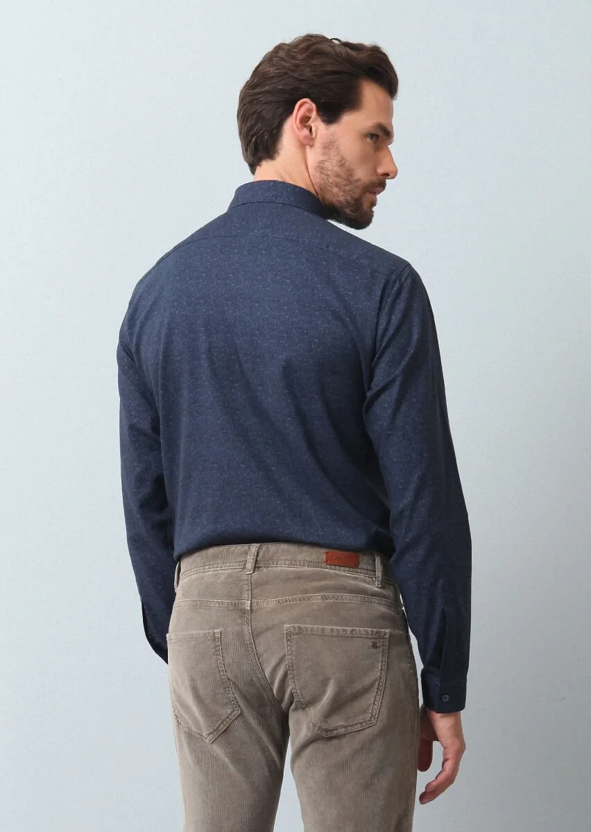 Lacivert Baskılı Regular Fit Dokuma Casual %100 Pamuk Gömlek - 5