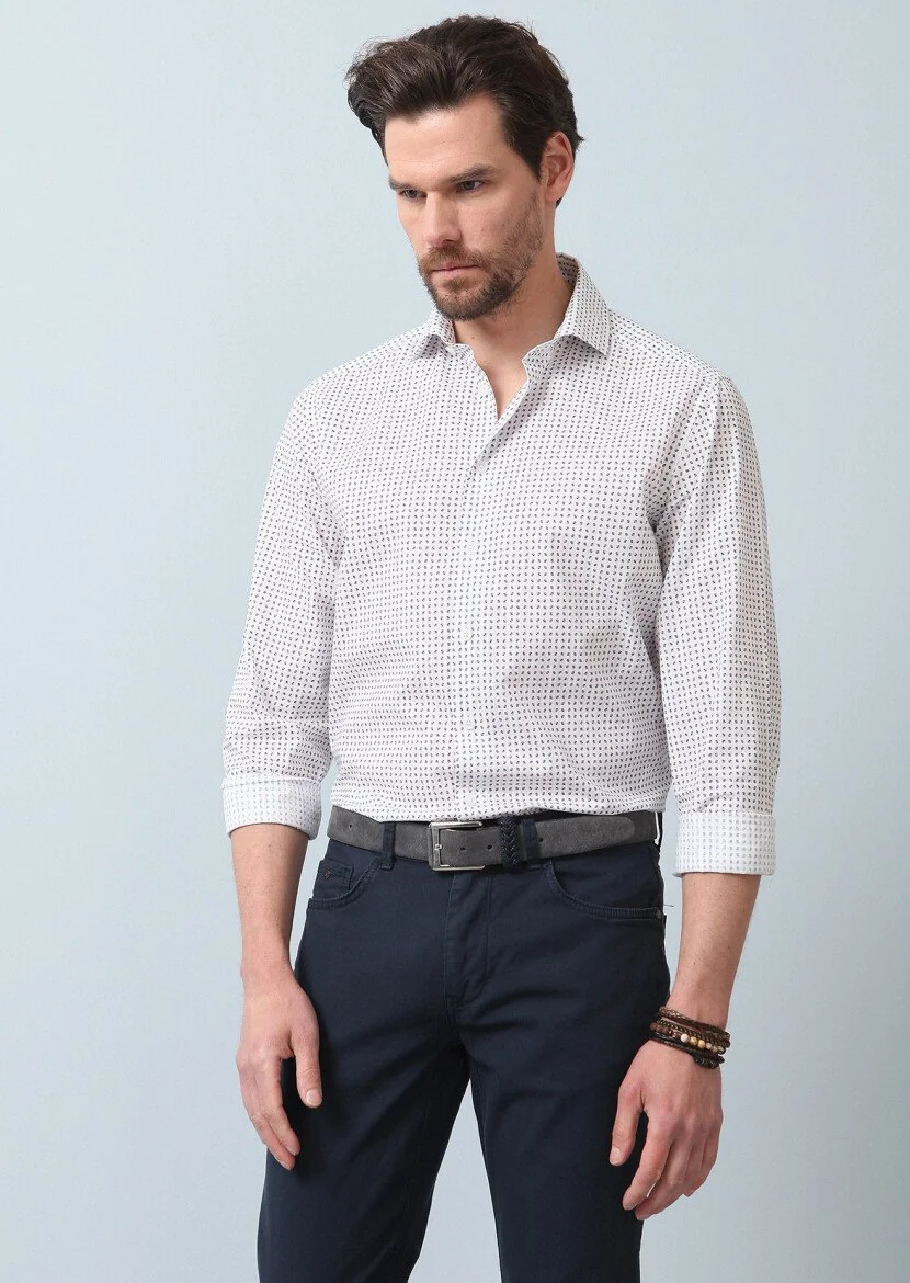 Lacivert Baskılı Regular Fit Dokuma Casual %100 Pamuk Gömlek - 3