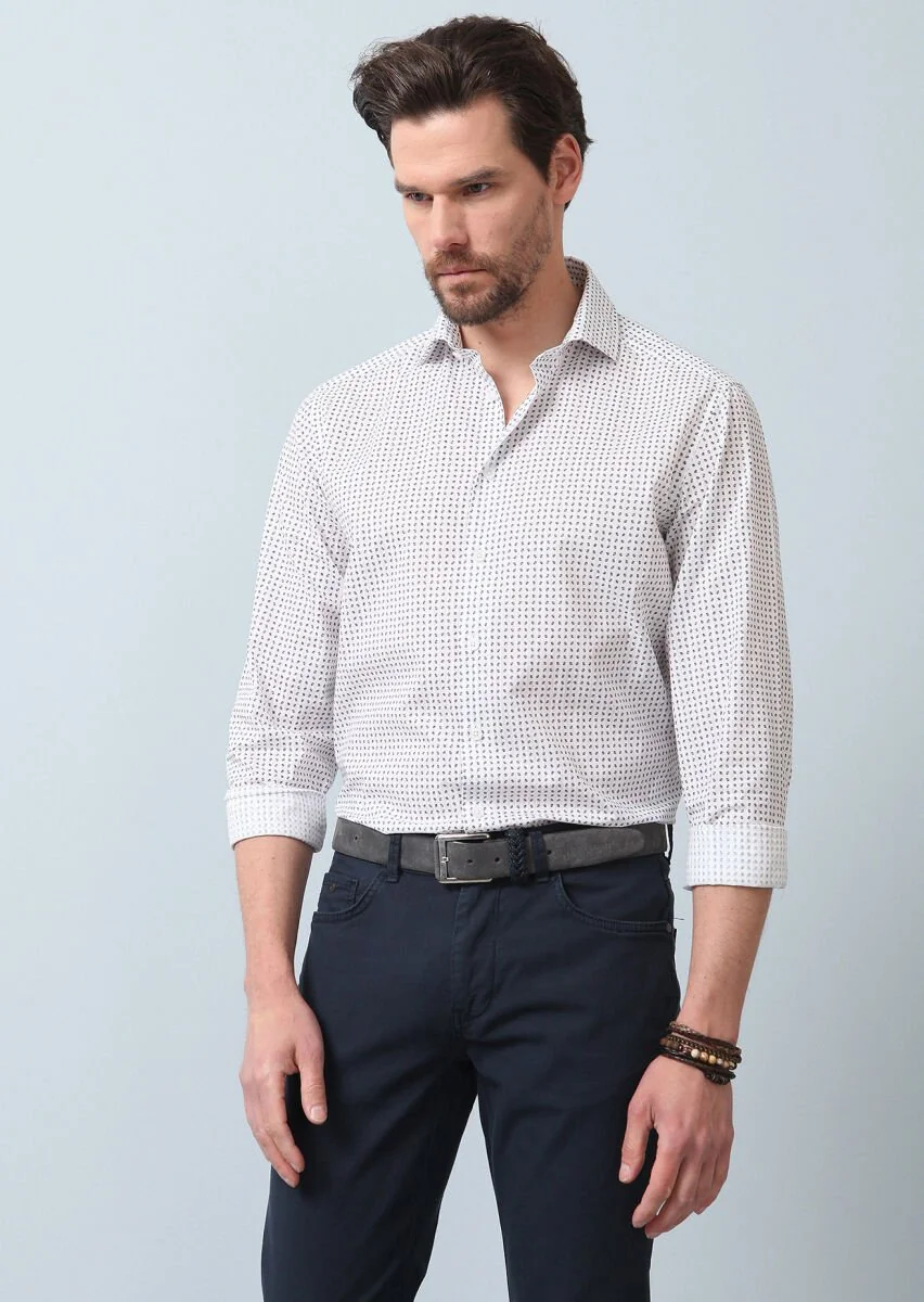 Lacivert Baskılı Regular Fit Dokuma Casual %100 Pamuk Gömlek - 3