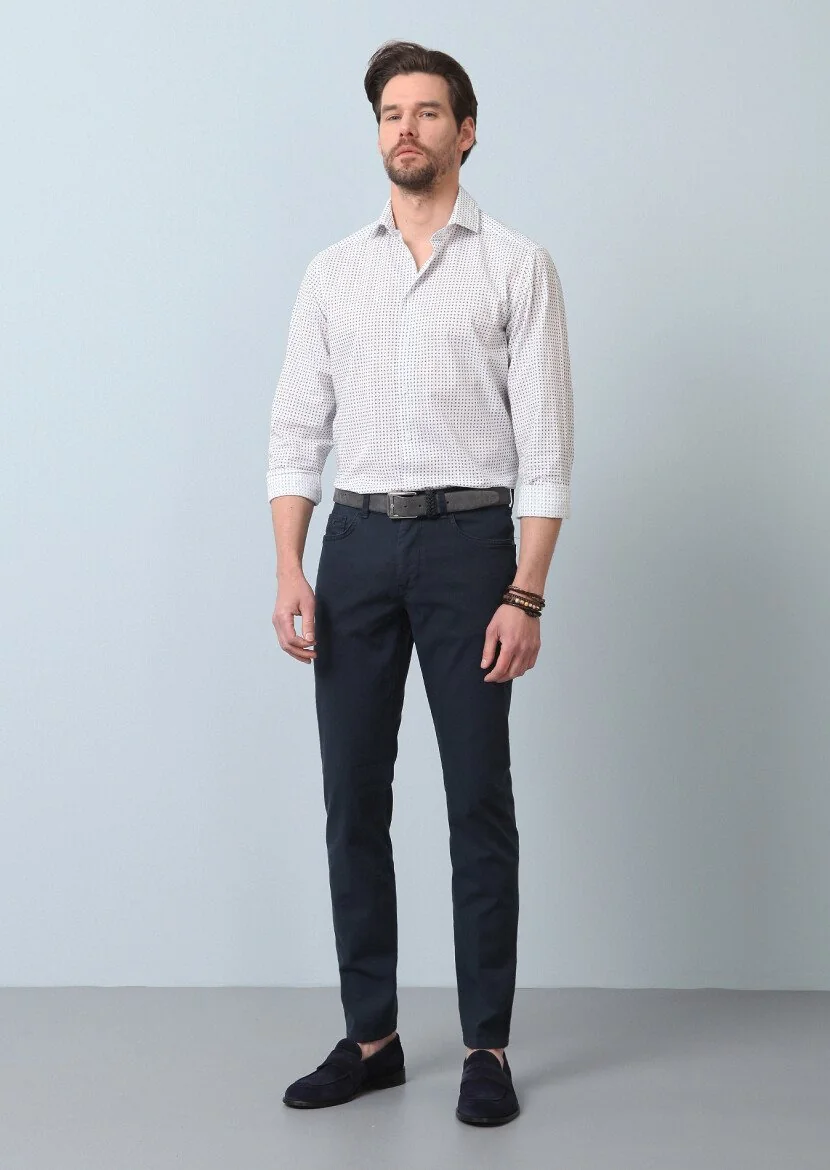 Lacivert Baskılı Regular Fit Dokuma Casual %100 Pamuk Gömlek - 4