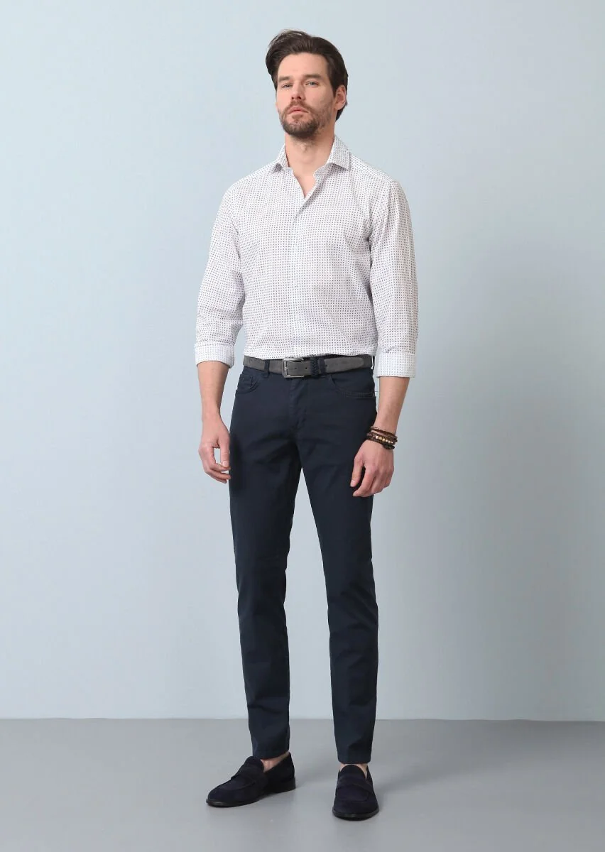 Lacivert Baskılı Regular Fit Dokuma Casual %100 Pamuk Gömlek - 4