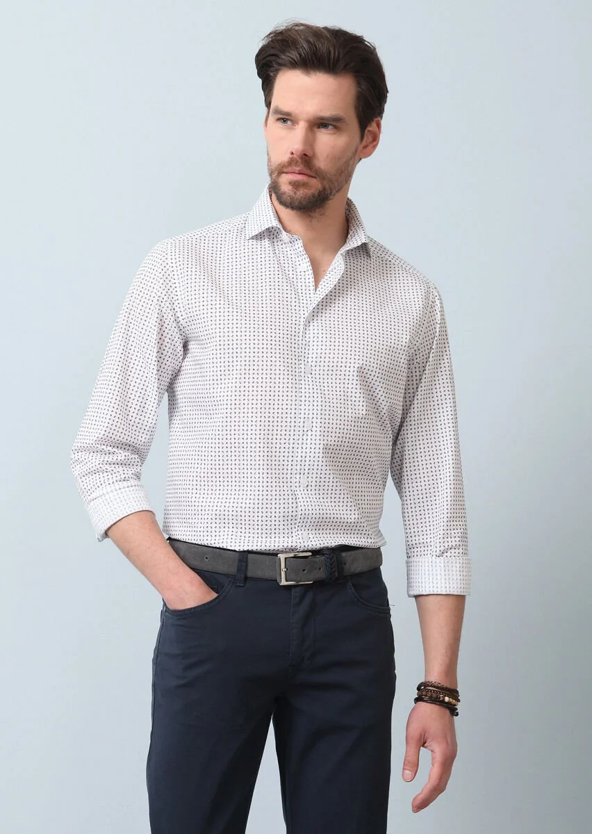 Lacivert Baskılı Regular Fit Dokuma Casual %100 Pamuk Gömlek - 5