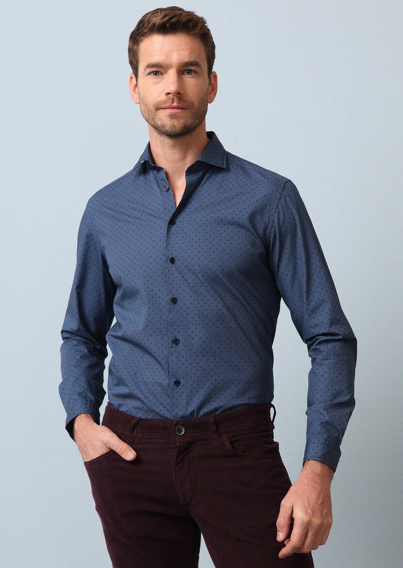 Lacivert Baskılı Regular Fit Dokuma Casual %100 Pamuk Gömlek - 1