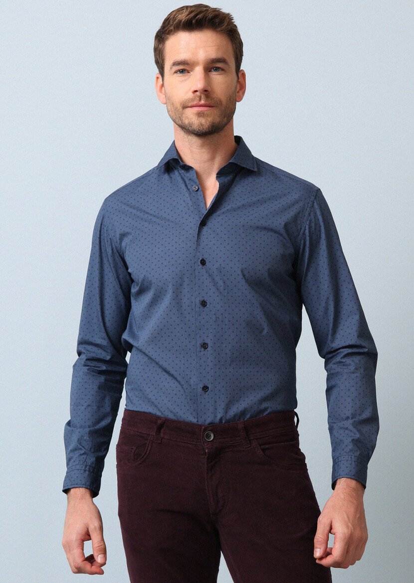 Lacivert Baskılı Regular Fit Dokuma Casual %100 Pamuk Gömlek - 3