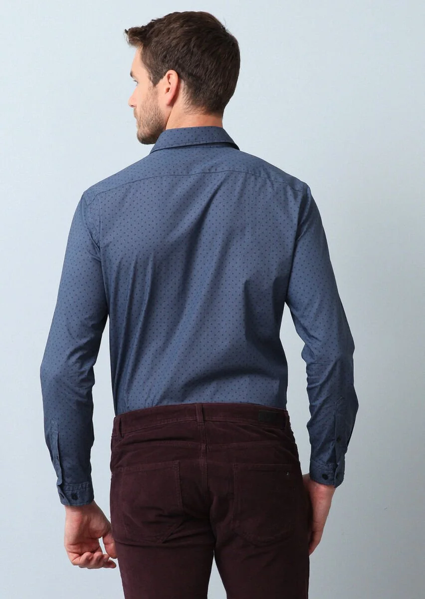 Lacivert Baskılı Regular Fit Dokuma Casual %100 Pamuk Gömlek - 5