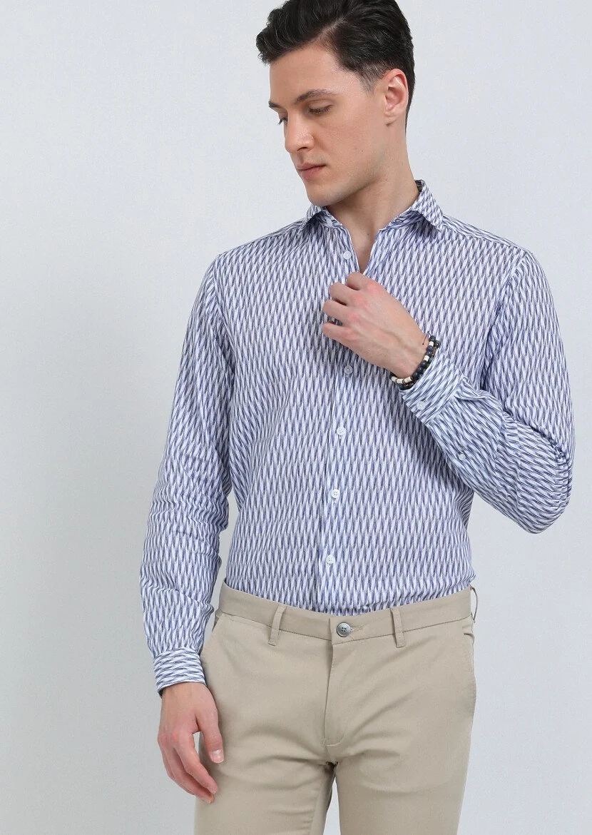 Lacivert Baskılı Regular Fit Dokuma Casual Pamuk Karışımlı Gömlek 