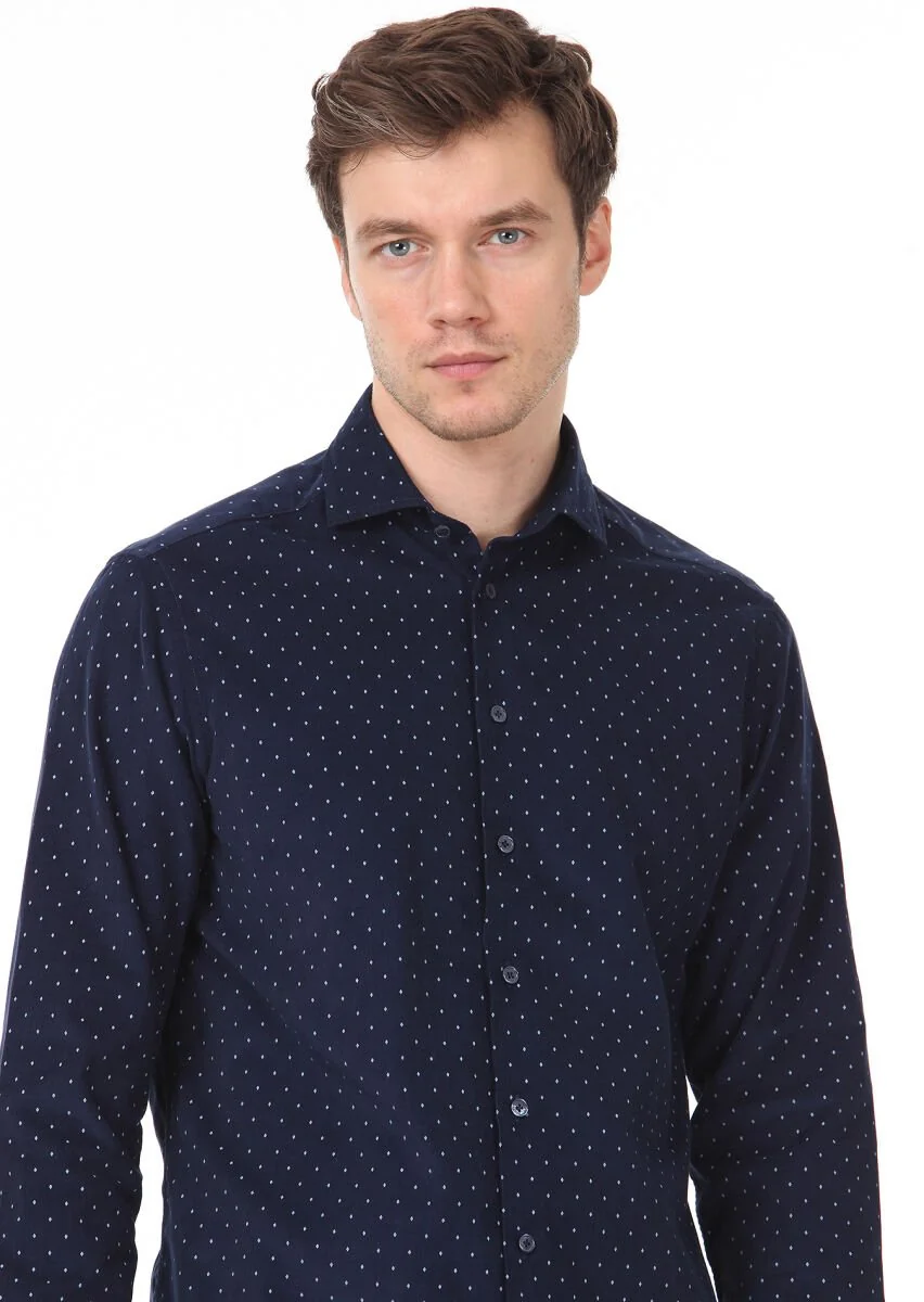Lacivert Baskılı Regular Fit Dokuma Kadife Casual %100 Pamuk Gömlek - 3