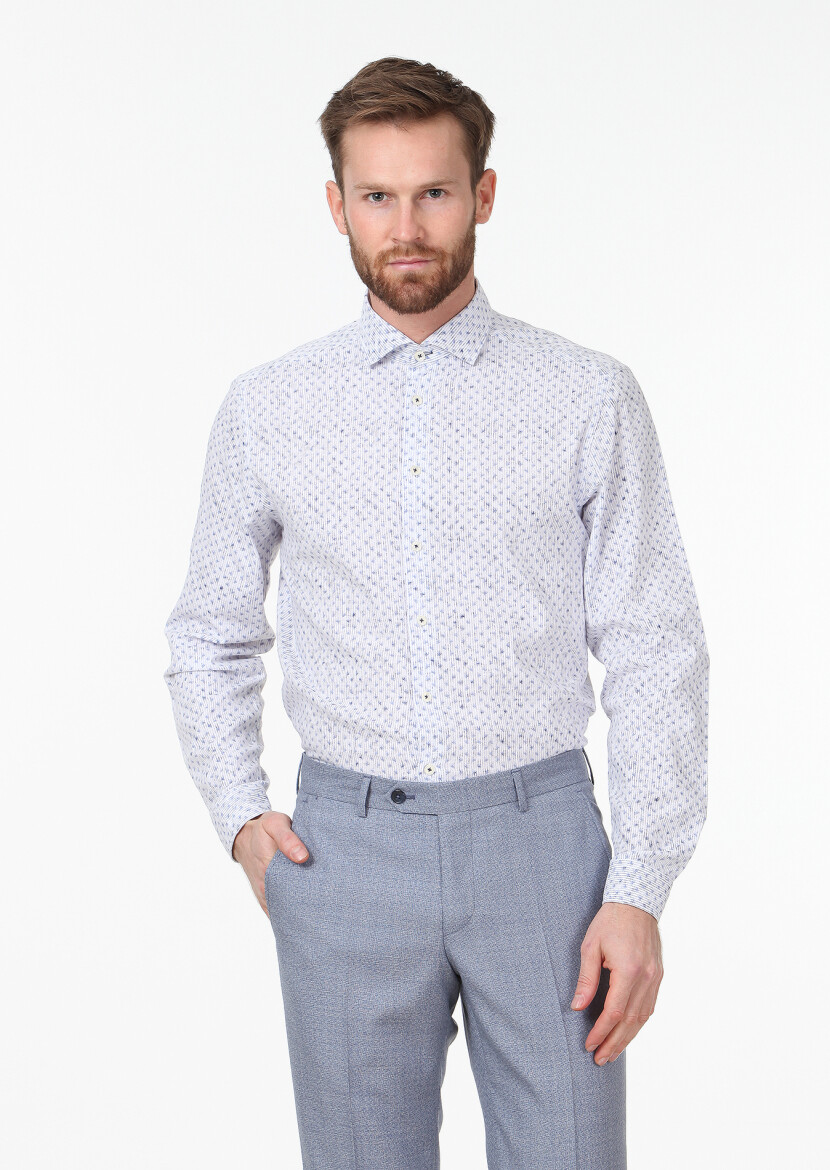 Lacivert Baskılı Regular Fit Uzun Dokuma Casual %100 Pamuk Gömlek - 1